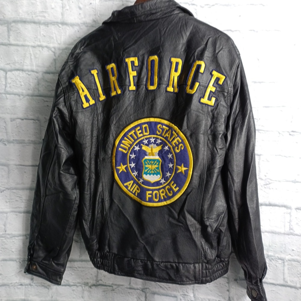Oscar Piel USA Mens Black Leather Air Force Bomber Jacket Size S USAF Patch